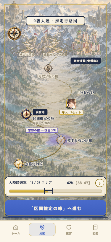 高精細な山岳地図の上に、学習単元と現在地が並ぶ2級大陸の画面